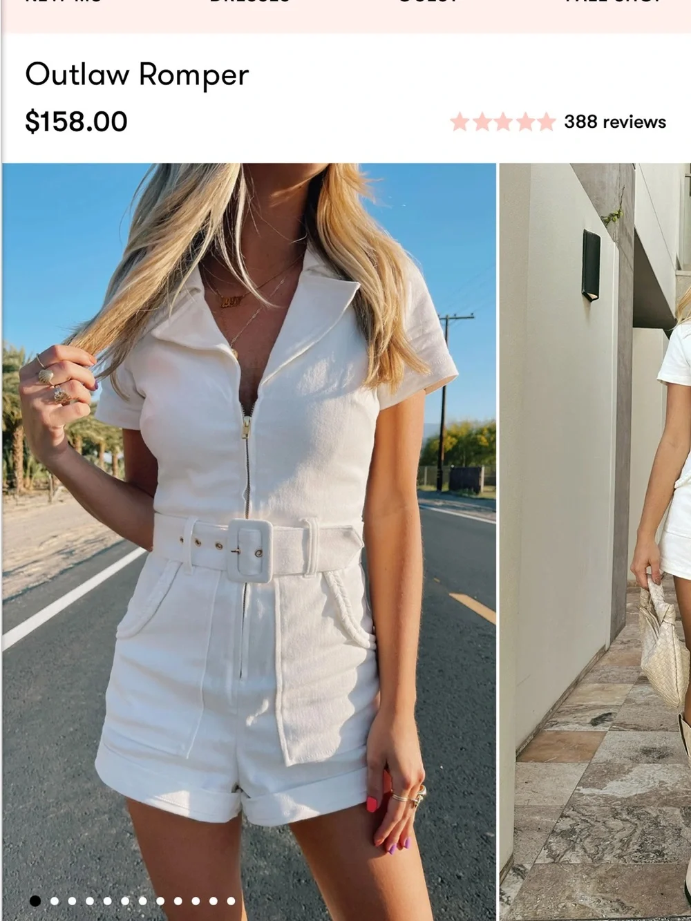 Mumu White Short-Sleeve Zip Romper with Belt